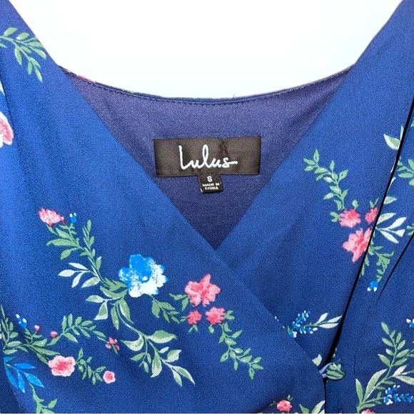 Lulus Midi Dress Size Small Darling‎ Date Navy Blue Floral Ruffled Wrap Fitted - Picture 10 of 14